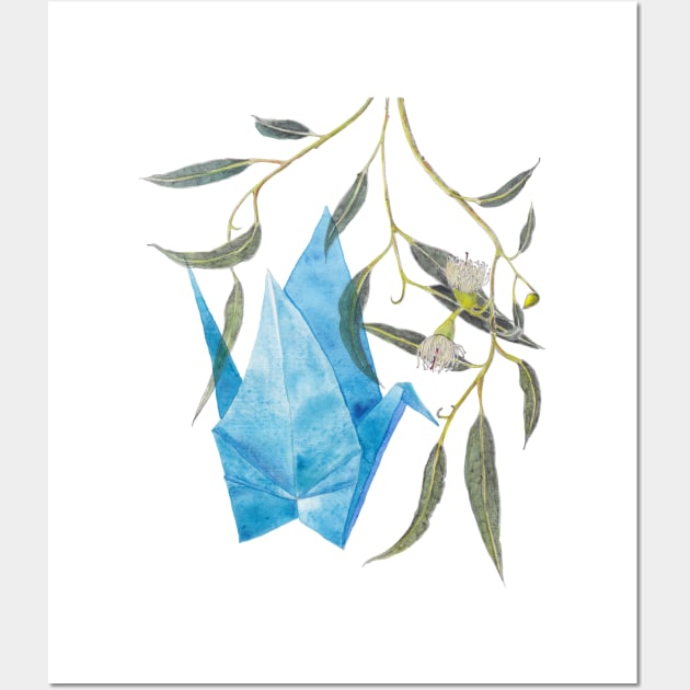 Blue origami paper crane & eucalyptus branch Wall Art by ZoyaArt